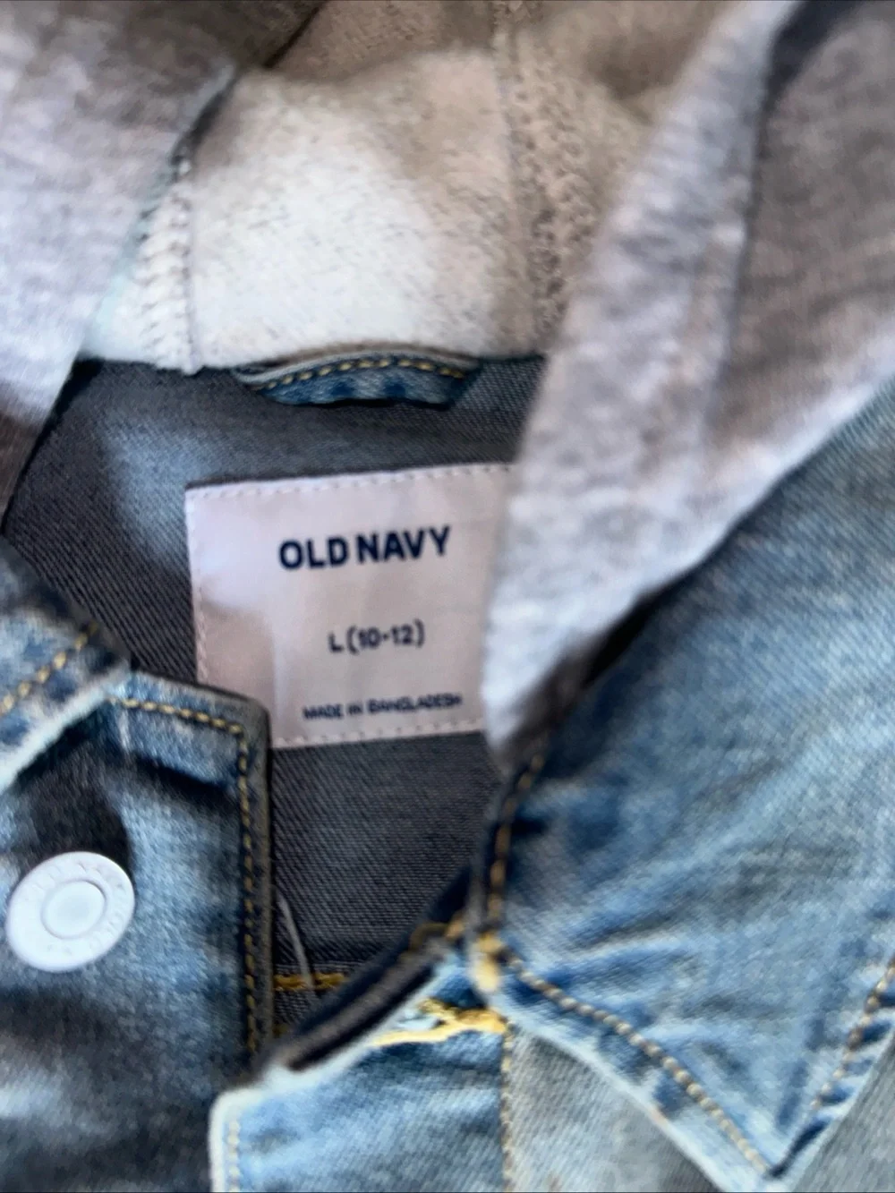 Old Navy Boys L 10-12 Denim Jean Jacket Blue Built In Hoodie Stretch Trucker